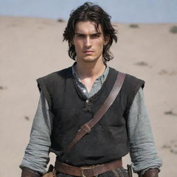 A tall, young man with medium-length dark brown hair. His young face is adorned with several small cuts and serious dark eyes. He's wearing rugged, old clothes with bands around his hands and carries a large sword on his back.