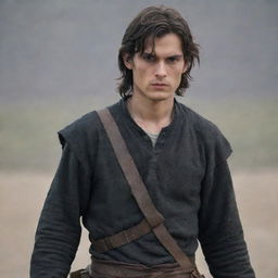 A tall, young man with medium-length dark brown hair. His young face is adorned with several small cuts and serious dark eyes. He's wearing rugged, old clothes with bands around his hands and carries a large sword on his back.