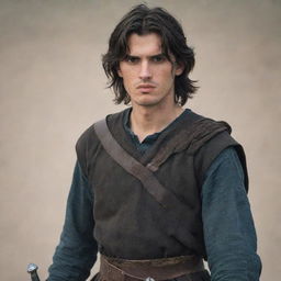 A tall, young man with medium-length dark brown hair. His young face is adorned with several small cuts and serious dark eyes. He's wearing rugged, old clothes with bands around his hands and carries a large sword on his back.