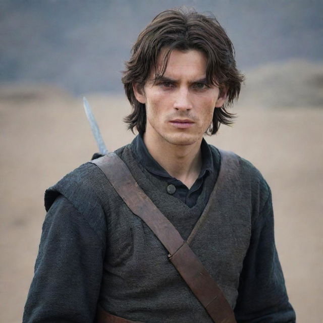 A tall, young man with medium-length dark brown hair. His young face is adorned with several small cuts and serious dark eyes. He's wearing rugged, old clothes with bands around his hands and carries a large sword on his back.