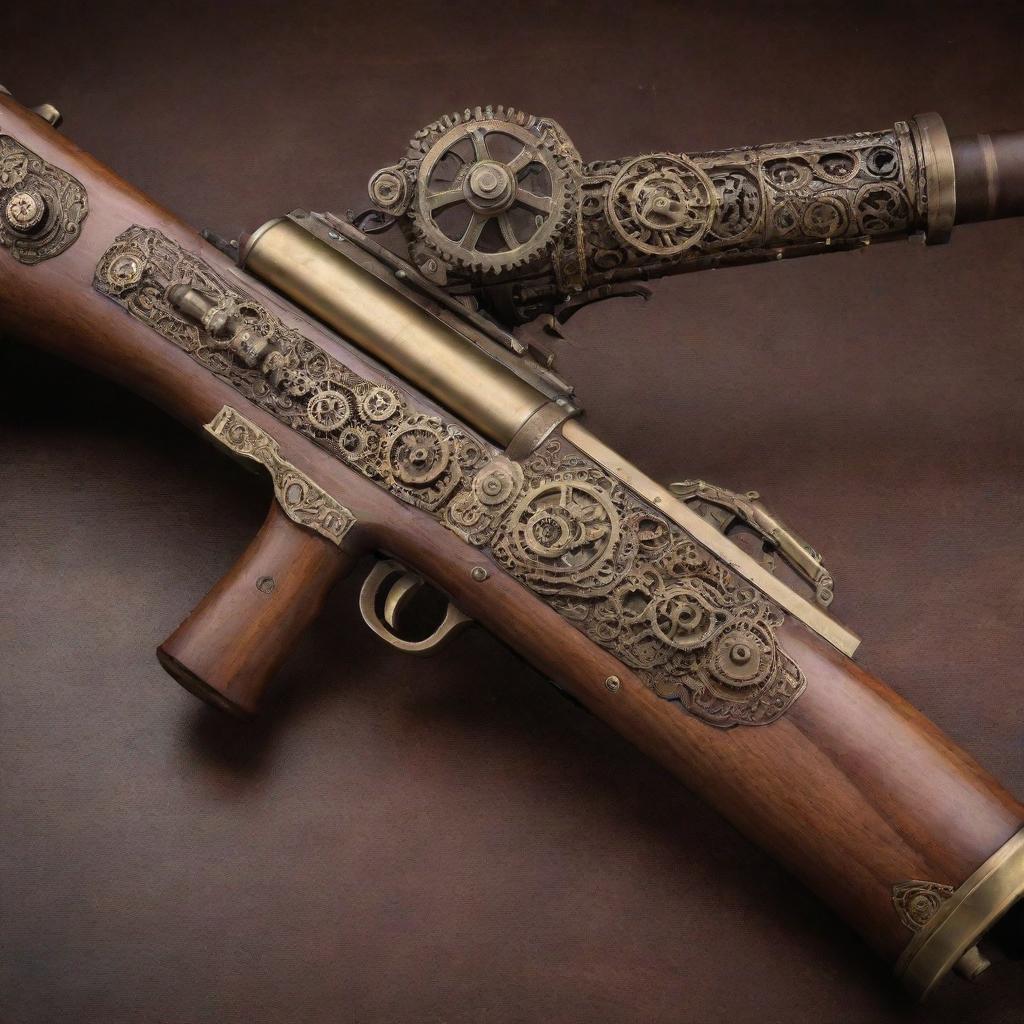 A vintage steampunk style rifle, intricately decorated with gears, brass, and warm wood accents.