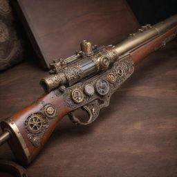 A vintage steampunk style rifle, intricately decorated with gears, brass, and warm wood accents.