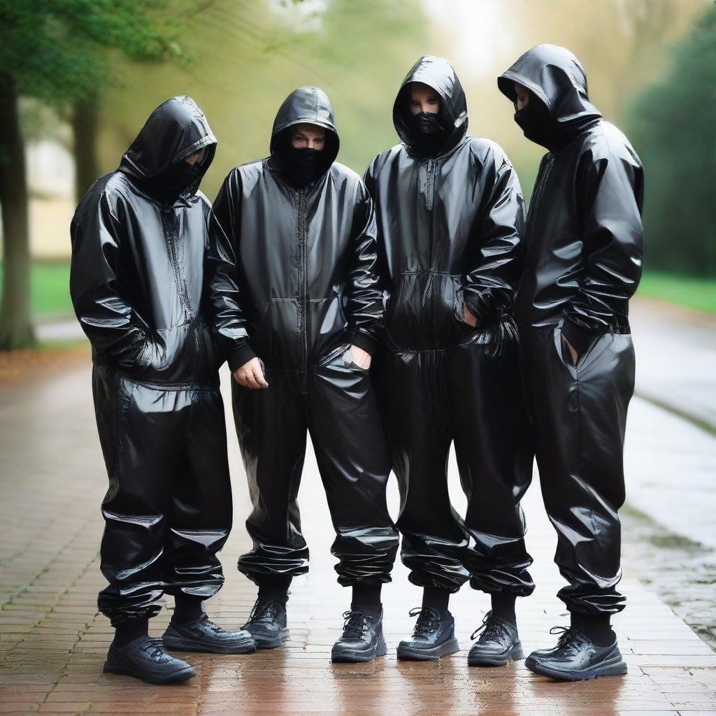 A humorous scene featuring a group of mischievous lads dressed in baggy black shiny PVC tracksuits and Nike trainers