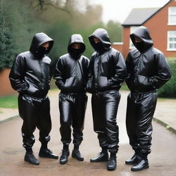 A humorous scene featuring a group of mischievous lads dressed in baggy black shiny PVC tracksuits and Nike trainers