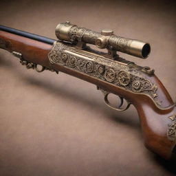 A vintage steampunk style rifle, intricately decorated with gears, brass, and warm wood accents.