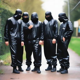 A humorous scene featuring a group of mischievous lads dressed in baggy black shiny PVC tracksuits and Nike trainers