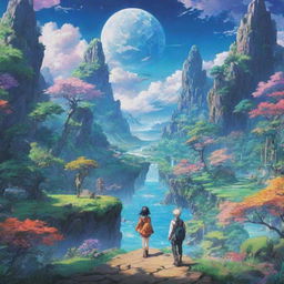 A vibrant anime scene featuring surreal landscapes and dynamic characters representing various archetypes.