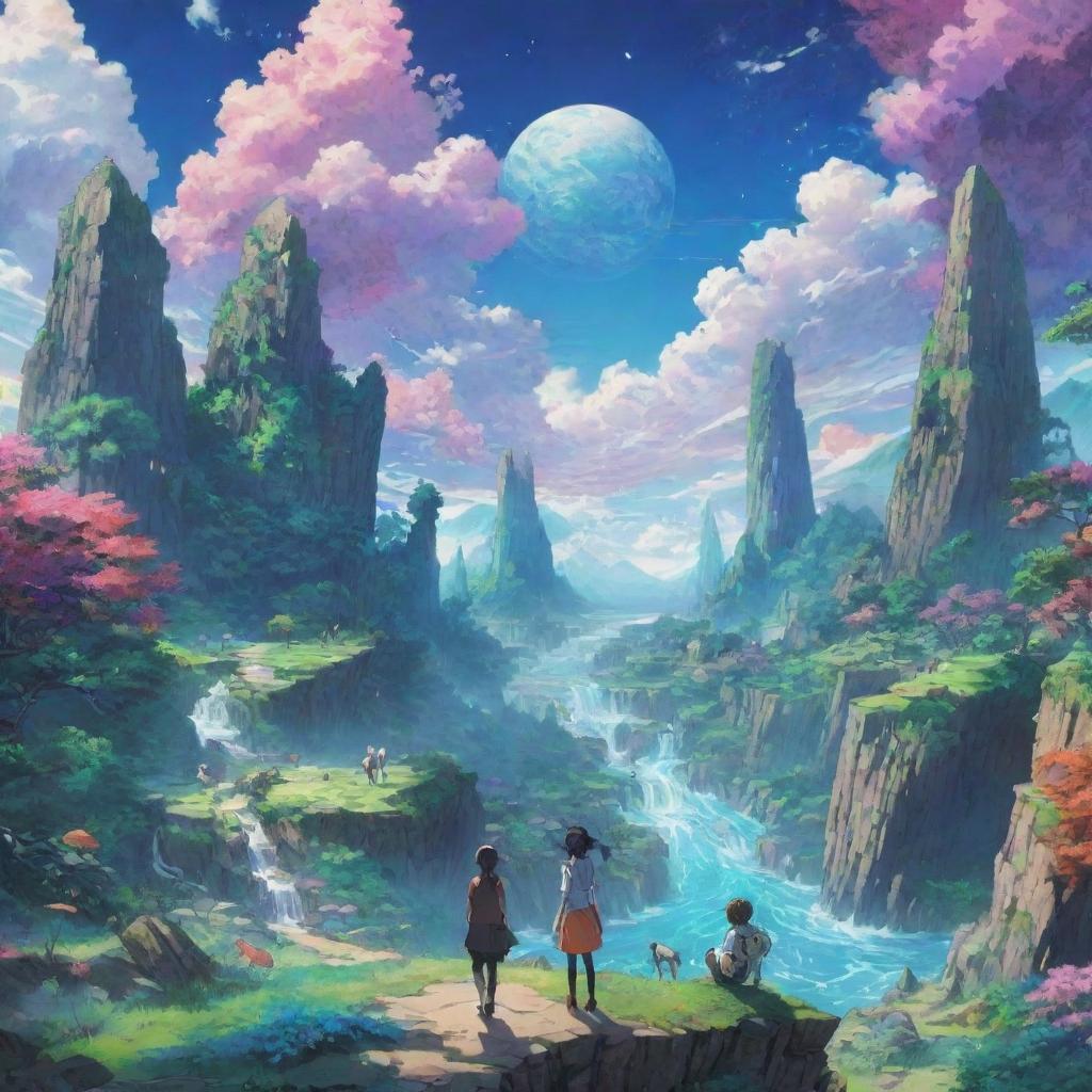 A vibrant anime scene featuring surreal landscapes and dynamic characters representing various archetypes.