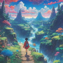 A vibrant anime scene featuring surreal landscapes and dynamic characters representing various archetypes.