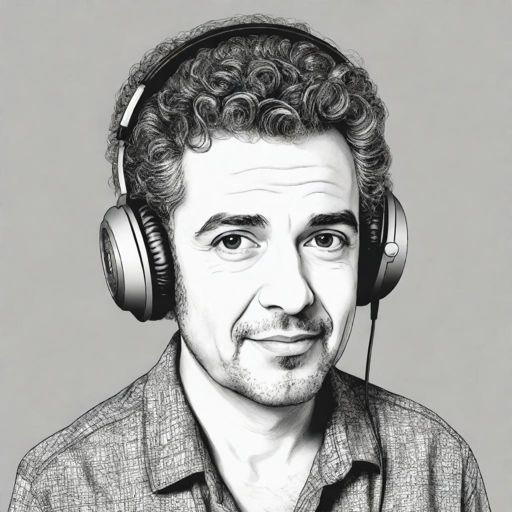 Doodle style illustration of Alok Achkar Peres Petrillo with his iconic hairstyle and headphones.