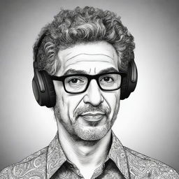 Doodle style illustration of Alok Achkar Peres Petrillo with his iconic hairstyle and headphones.