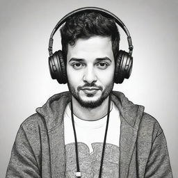 Doodle style portrait of DJ Alok with his distinctive headphones and clothing.