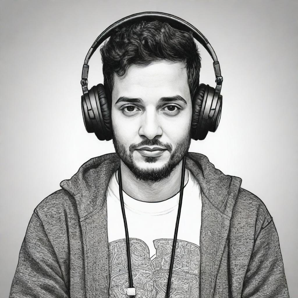 Doodle style portrait of DJ Alok with his distinctive headphones and clothing.