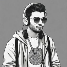 Doodle style portrait of DJ Alok with his distinctive headphones and clothing.