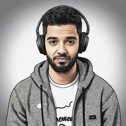 Doodle style portrait of DJ Alok with his distinctive headphones and clothing.