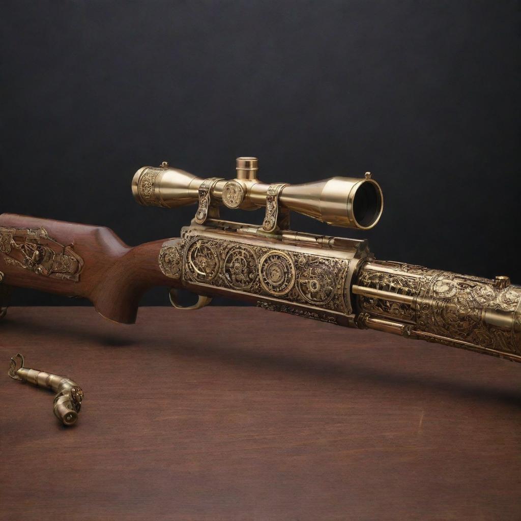 A uniquely crafted steampunk sniper rifle with intricate gears, polished brass, and finely carved wood.