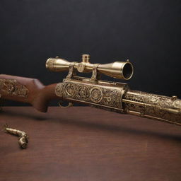 A uniquely crafted steampunk sniper rifle with intricate gears, polished brass, and finely carved wood.