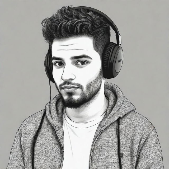 Doodle style portrait of DJ Alok with his distinctive headphones and clothing.