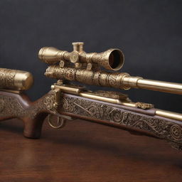 A uniquely crafted steampunk sniper rifle with intricate gears, polished brass, and finely carved wood.