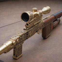 A uniquely crafted steampunk sniper rifle with intricate gears, polished brass, and finely carved wood.