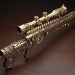 A uniquely crafted steampunk sniper rifle with intricate gears, polished brass, and finely carved wood.