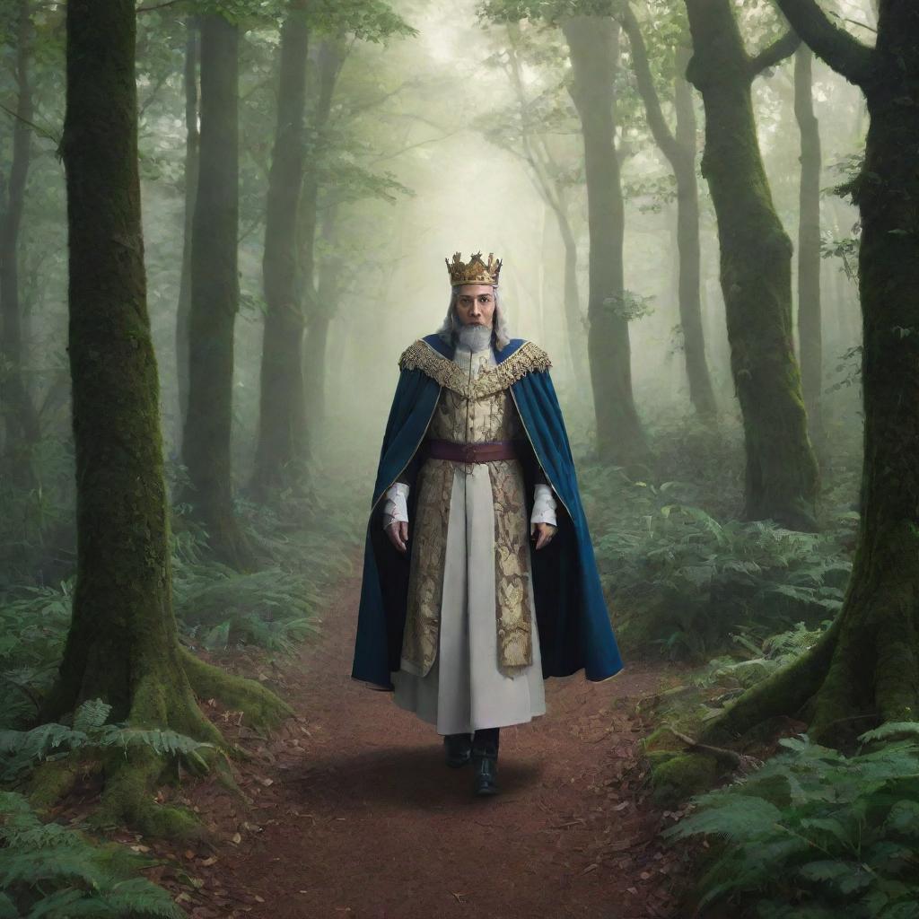 Anime-inspired scene of a regal king journeying through a lush, mysterious forest.