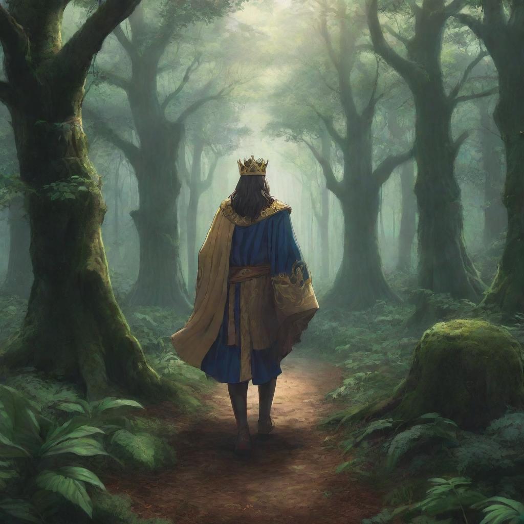 Anime-inspired scene of a regal king journeying through a lush, mysterious forest.