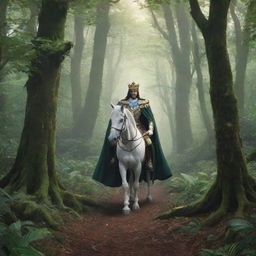 Anime-inspired scene of a regal king journeying through a lush, mysterious forest.