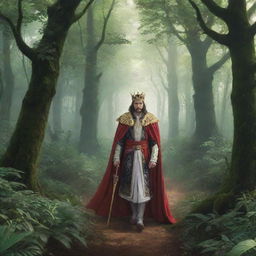 Anime-inspired scene of a regal king journeying through a lush, mysterious forest.