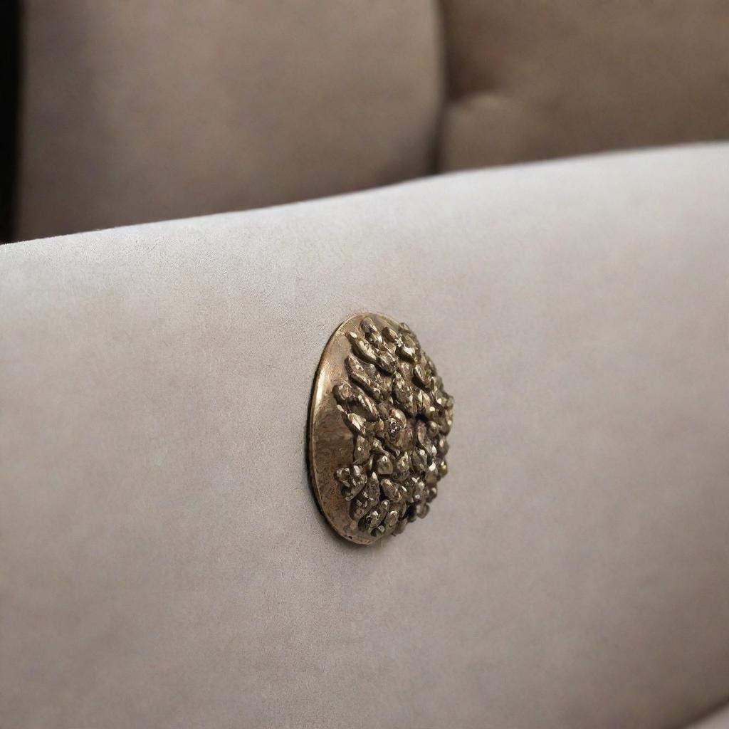 A close-up image of a metallic nail embedded in a luxury-style furniture sofa