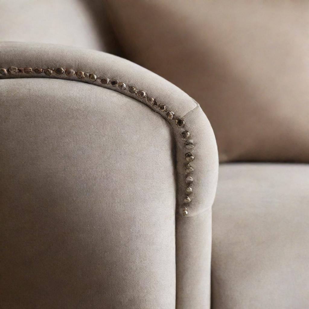 A close-up image of a metallic nail embedded in a luxury-style furniture sofa