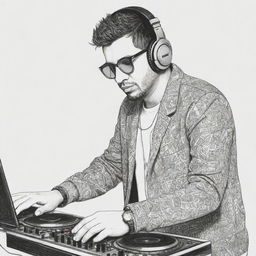 Hand-drawn doodle art of DJ Alok wearing his distinctive attire and headphones performing at a DJ booth.