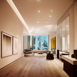 A modern, sleek, and intricately designed interior space with a harmonious blend of aesthetics and functionality. It features white walls, hardwood floors, stylish furniture, contemporary art pieces, and soft, ambient lighting.