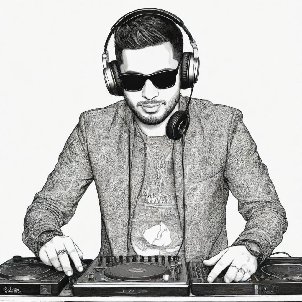 Hand-drawn doodle art of DJ Alok wearing his distinctive attire and headphones performing at a DJ booth.