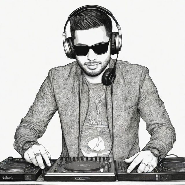 Hand-drawn doodle art of DJ Alok wearing his distinctive attire and headphones performing at a DJ booth.