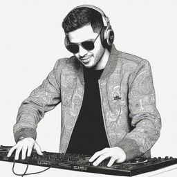 Hand-drawn doodle art of DJ Alok wearing his distinctive attire and headphones performing at a DJ booth.