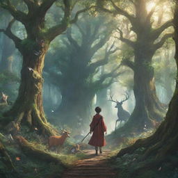 An anime-themed artwork of a young king journeying through an enchanting forest with majestic trees and magical creatures.