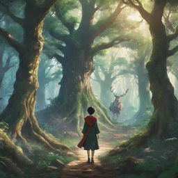 An anime-themed artwork of a young king journeying through an enchanting forest with majestic trees and magical creatures.