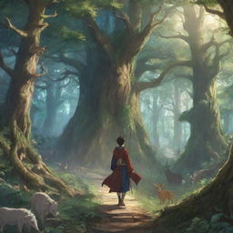 An anime-themed artwork of a young king journeying through an enchanting forest with majestic trees and magical creatures.