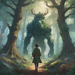 An anime-themed artwork of a young king journeying through an enchanting forest with majestic trees and magical creatures.