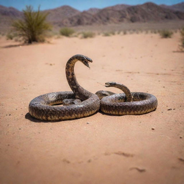 A dynamic duet of a scorpion and a snake, coexisting in a tense but balanced desert environment, capturing their unique textures and colors.