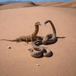 A dynamic duet of a scorpion and a snake, coexisting in a tense but balanced desert environment, capturing their unique textures and colors.