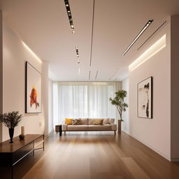 A modern, sleek, and intricately designed interior space with a harmonious blend of aesthetics and functionality. It features white walls, hardwood floors, stylish furniture, contemporary art pieces, and soft, ambient lighting.