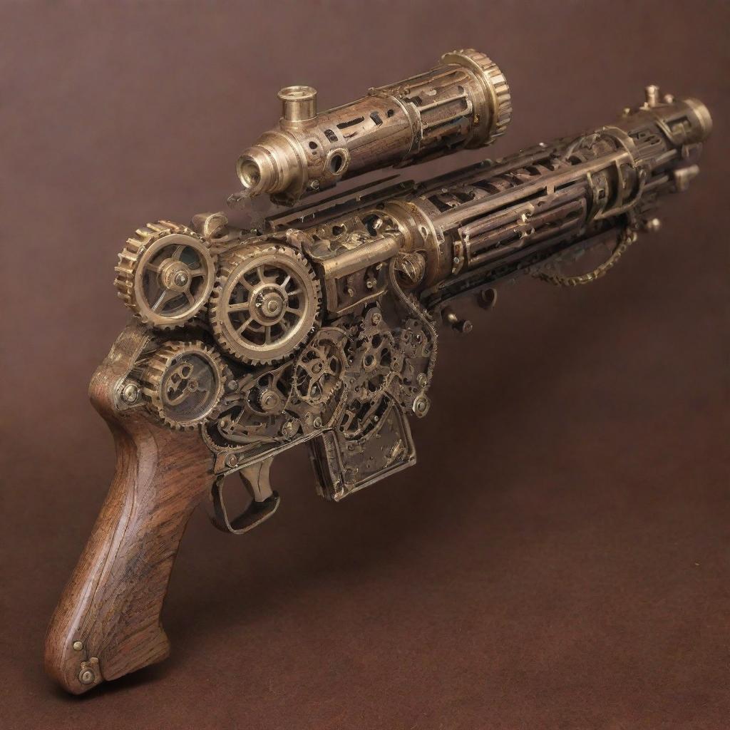 A detailed steampunk machine gun adorned with complex gears, shiny brass detailing, and refined wooden panels.