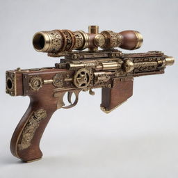 A detailed steampunk machine gun adorned with complex gears, shiny brass detailing, and refined wooden panels.