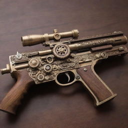 A detailed steampunk machine gun adorned with complex gears, shiny brass detailing, and refined wooden panels.