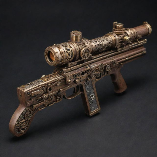 A detailed steampunk machine gun adorned with complex gears, shiny brass detailing, and refined wooden panels.