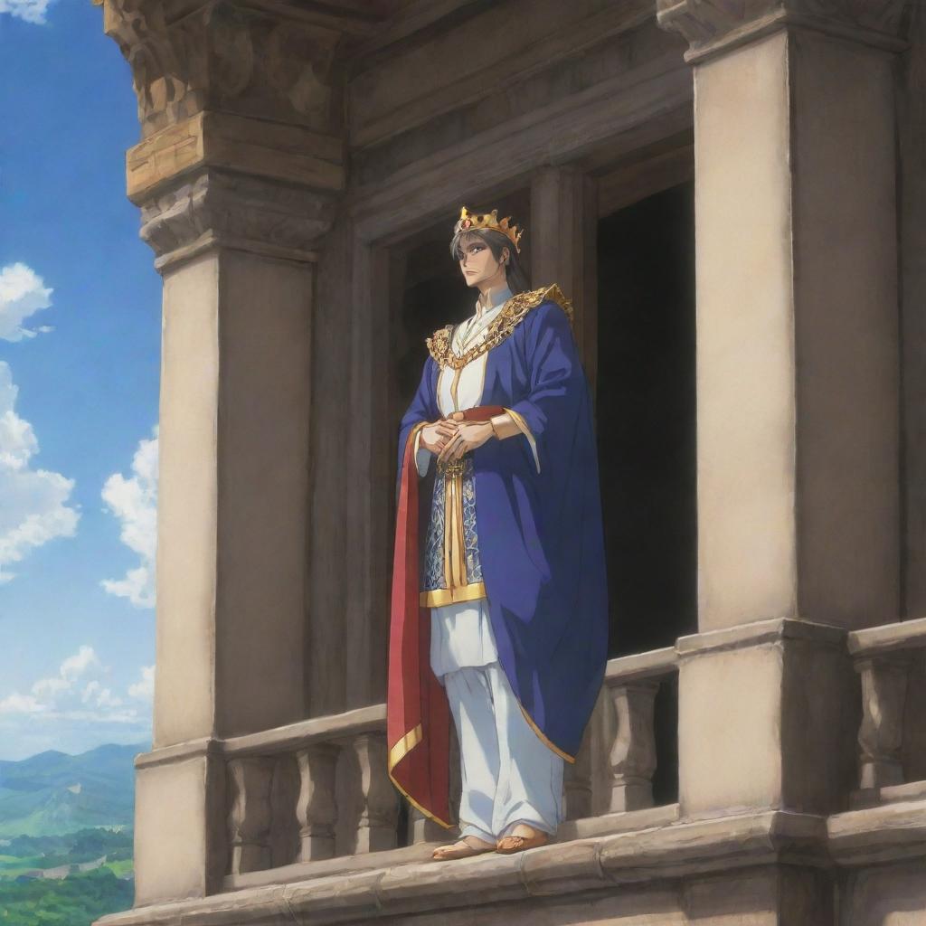 Anime scene of a king standing on his palace balcony, looking out over his kingdom with a mix of pride and contemplation.