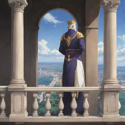 Anime scene of a king standing on his palace balcony, looking out over his kingdom with a mix of pride and contemplation.