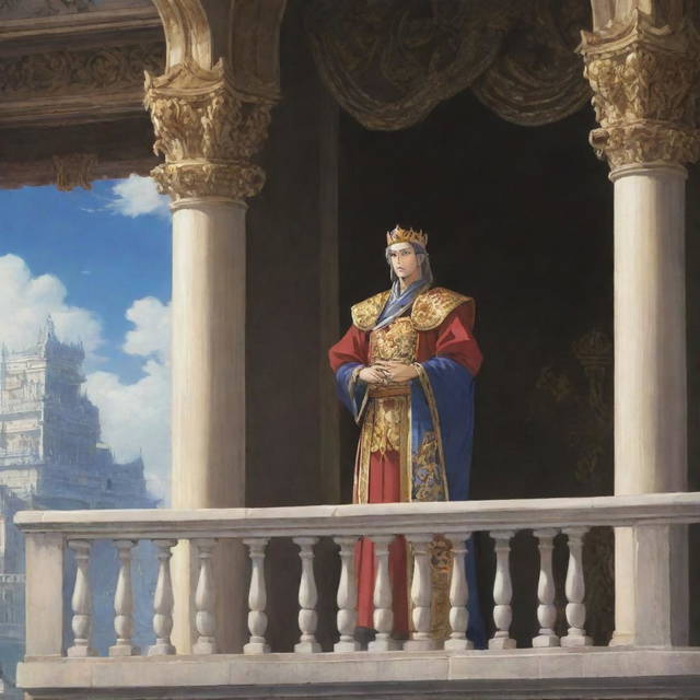 Anime scene of a king standing on his palace balcony, looking out over his kingdom with a mix of pride and contemplation.